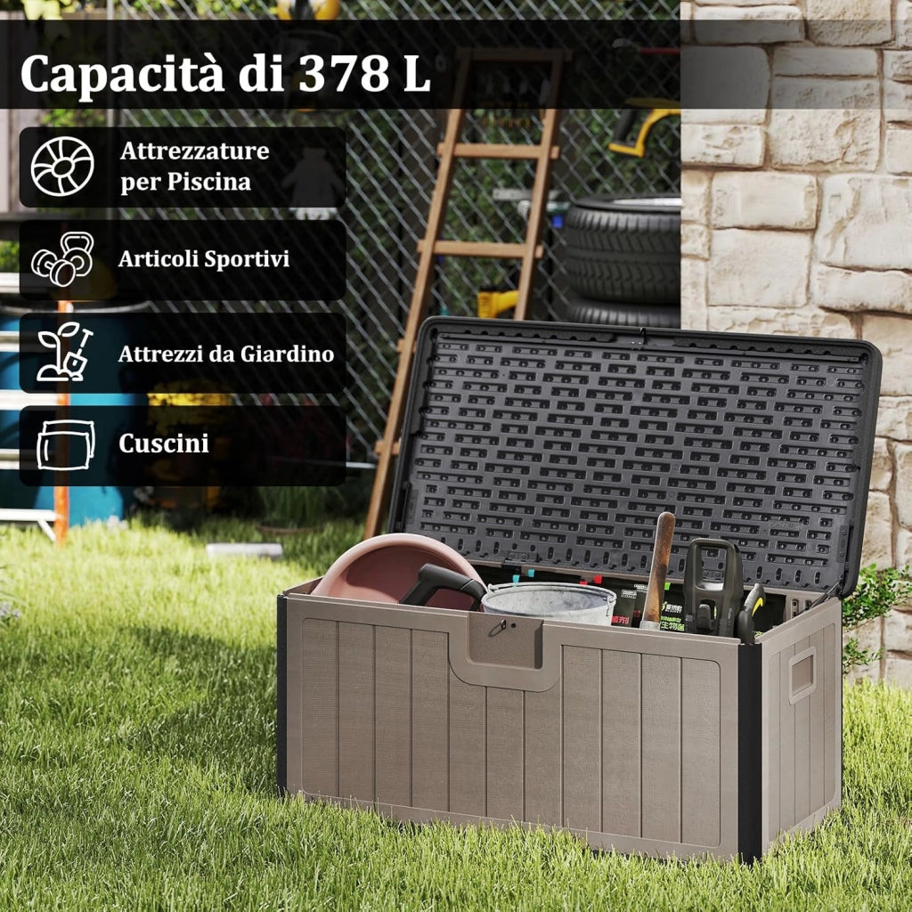 Baule da Esterno 378 L, Cassapanca Contenitore Impermeabile in Resina con Pistoni a Gas, Coperchio Bloccabile, Salvaspazio per Giardino, Cortile e Piscina, 130 x 64 x 59 cm (Marrone+Nero)