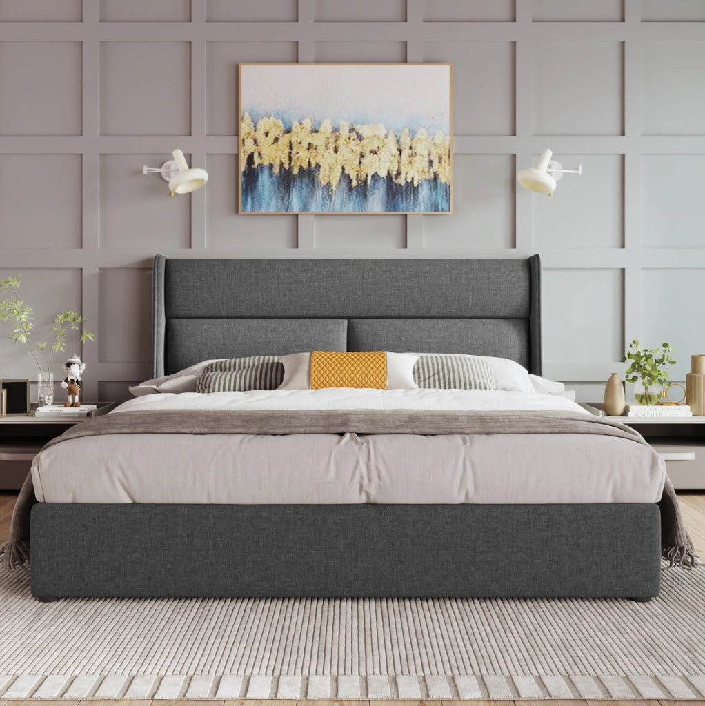 Letto matrimoniale 160x200 cm in lino grigio con testiera regolabile e contenitore