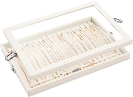 Organizzatore di gioielli con coperchio, 18 ganci, catenella in velluto, cassettino per l'organizzazione della lente, cassettino per gioielli, organizzatore di gioielli per lente, cassettino per l'organizzazione della catenella - Beige
