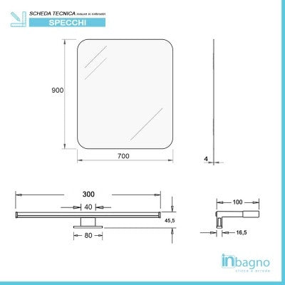 Specchio bagno 70x90 cm reversibile con angoli tondi e luce LED fredda