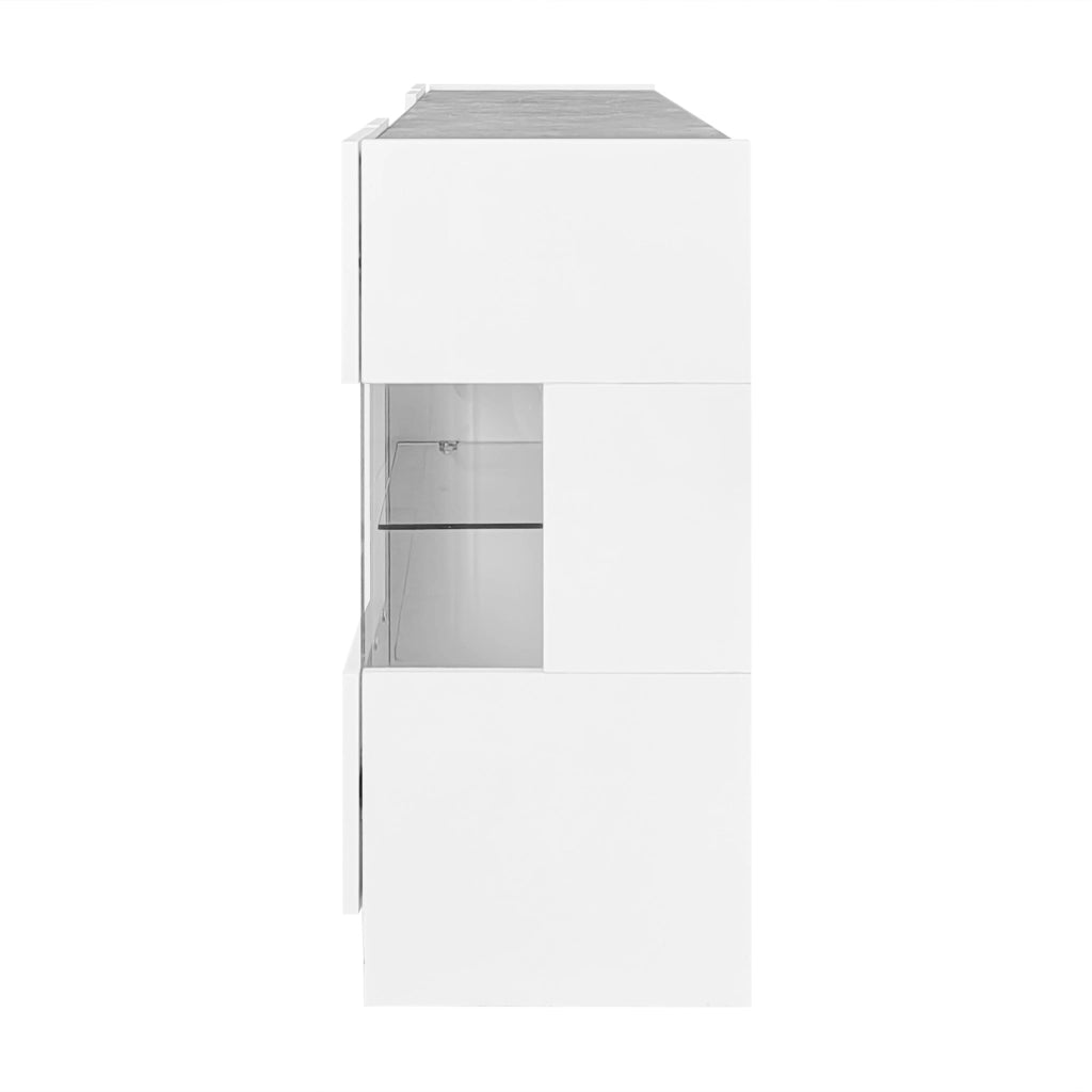 OKWISH Credenza con 2 Ante e 3 Cassetti, LED, per Soggiorno o Sala da Pranzo, MDF e Vetro, Bianco Marmo, 140×35×75 cm