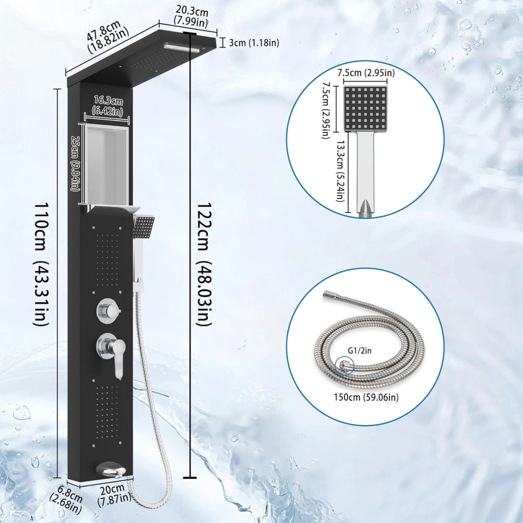 Set completo per doccia a pioggia, pannello doccia in acciaio inox, colonna doccia, 5 funzioni, doccia a cascata, doccetta massaggiante, doccetta manuale, scarico vasca, soffione doccia, nero