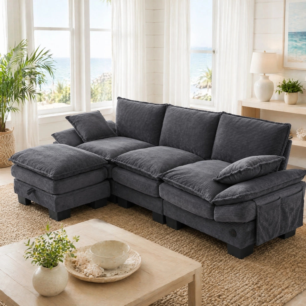 DIVANO modulare 3 posti con pouf 260x132x84 cm in tessuto corduroy grigio scuro