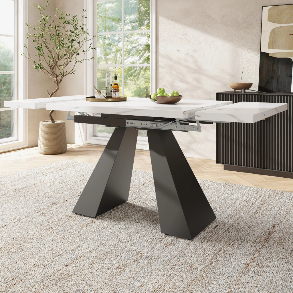 Tavolo allungabile in MDF e metallo con piano effetto marmo, per pranzo e home office, bianco nero, 99-159 × 74 × 77 cm