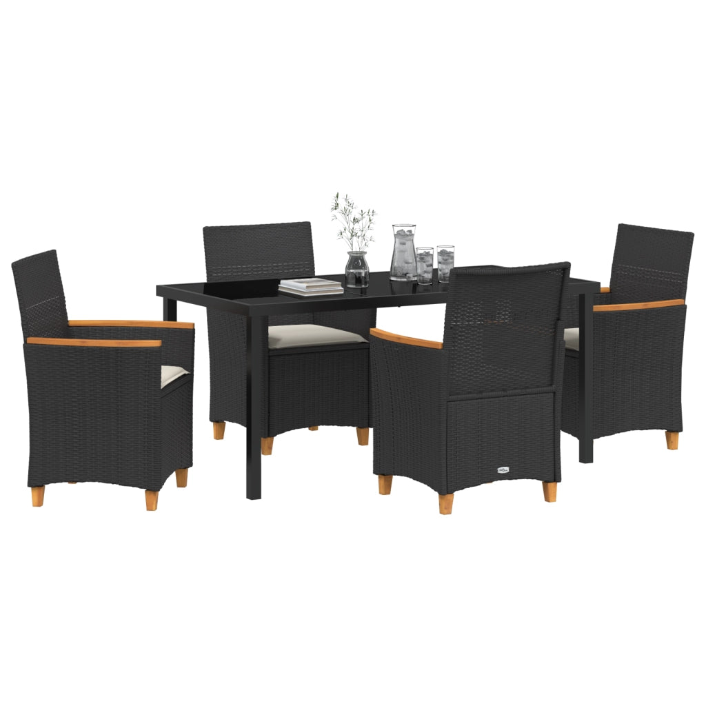 Set da Pranzo Giardino 5 Pezzi con Cuscini Nero Rattan PE