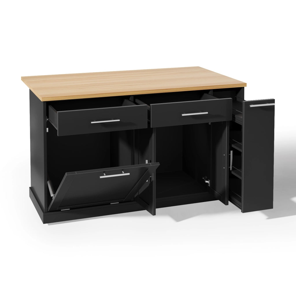 Isola da cucina, piano ribaltabile, scaffale a 4 ripiani per condimenti, 2 cassetti, ruote con freno, colore nero e naturale