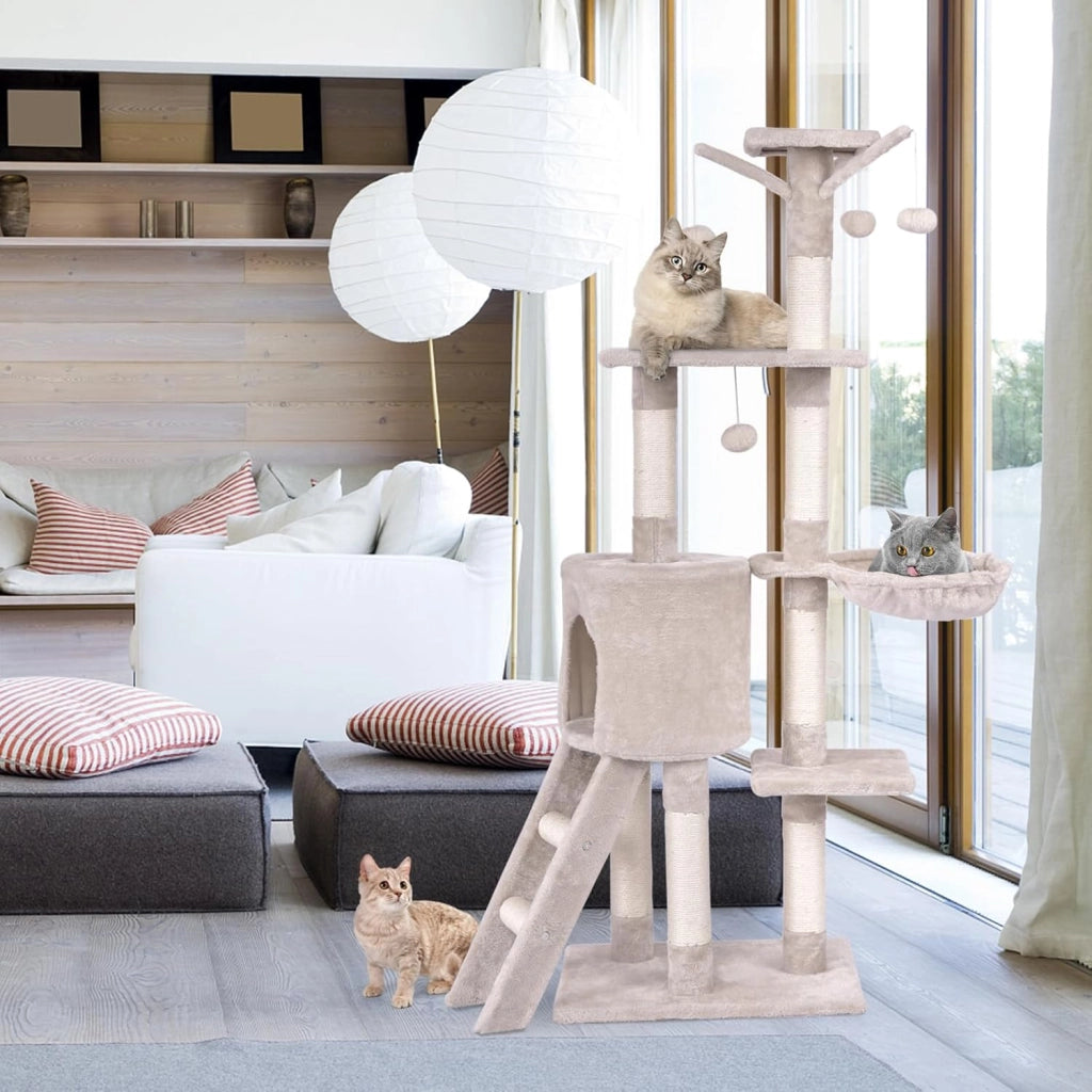 Tiragraffi per Gatti Alto 140 cm, Albero Tiragraffi Gatto con Tiragraffi in Sisal, Cesto, Piattaforma, Scala e Palline Pendenti, Torre Multi-Livello per Gatti da Interno