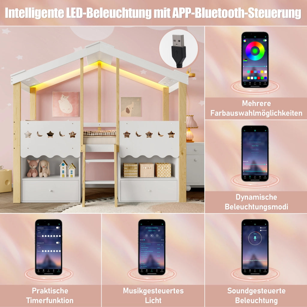 Letto semi-alto per bambini 90x200 cm a casetta con LED