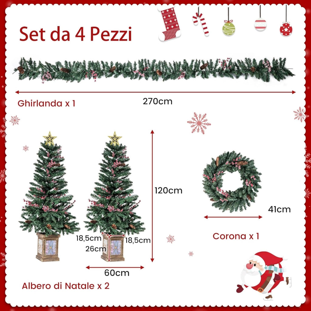 Set di 2 Alberi di Natale in Vaso con Pigne, Stella e Ghirlanda | Decorazione Natalizia per Camino, Ingresso e Festa con Corona e Bacche Rosse Ghiacciate