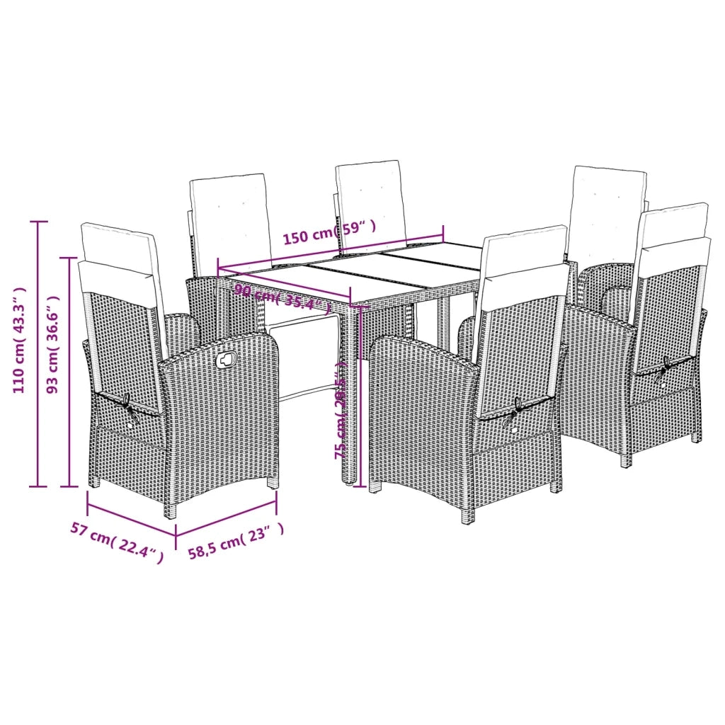Set da Pranzo da Giardino 7 pz con Cuscini in Polyrattan Grigio