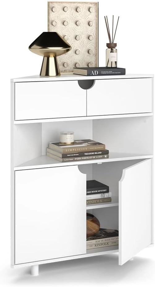 Credenza Inaro, Bianco, 79 x 96 cm con 4 scomparti, adatto per essere riposto in modo salvaspazio negli angoli della stanza