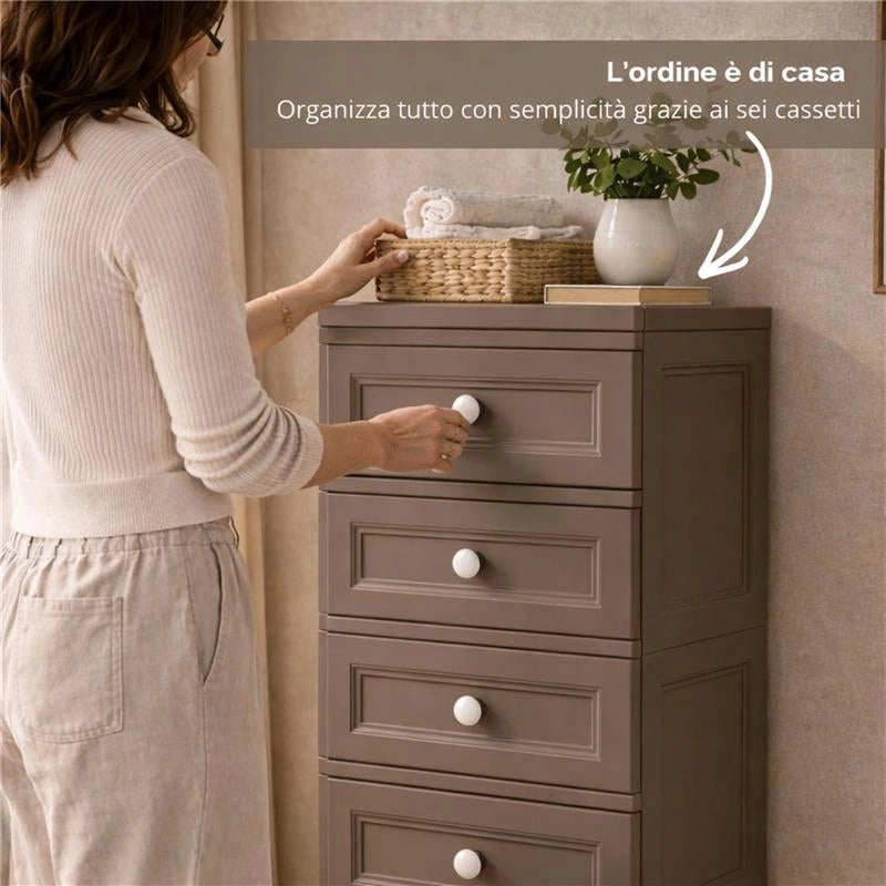 CASSETTIERA ALTA 6 CASSETTI PICCOLI WENGÉ 40X43X125 CM – MOBILE VERTICALE SALVASPAZIO PER ORGANIZZAZIONE CASA E INGRESSO