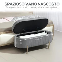 Panca Contenitore Ovale da 72L con Coperchio Sollevabile, in Tessuto Vellutato e Legno, 108x44x43.5 cm, Grigio