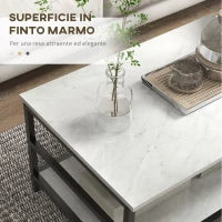 Set 2 Tavolini da Caffè a 2 Livelli in Truciolato e Acciaio con Piano d'Appoggio Effetto Marmo, Bianco e Nero