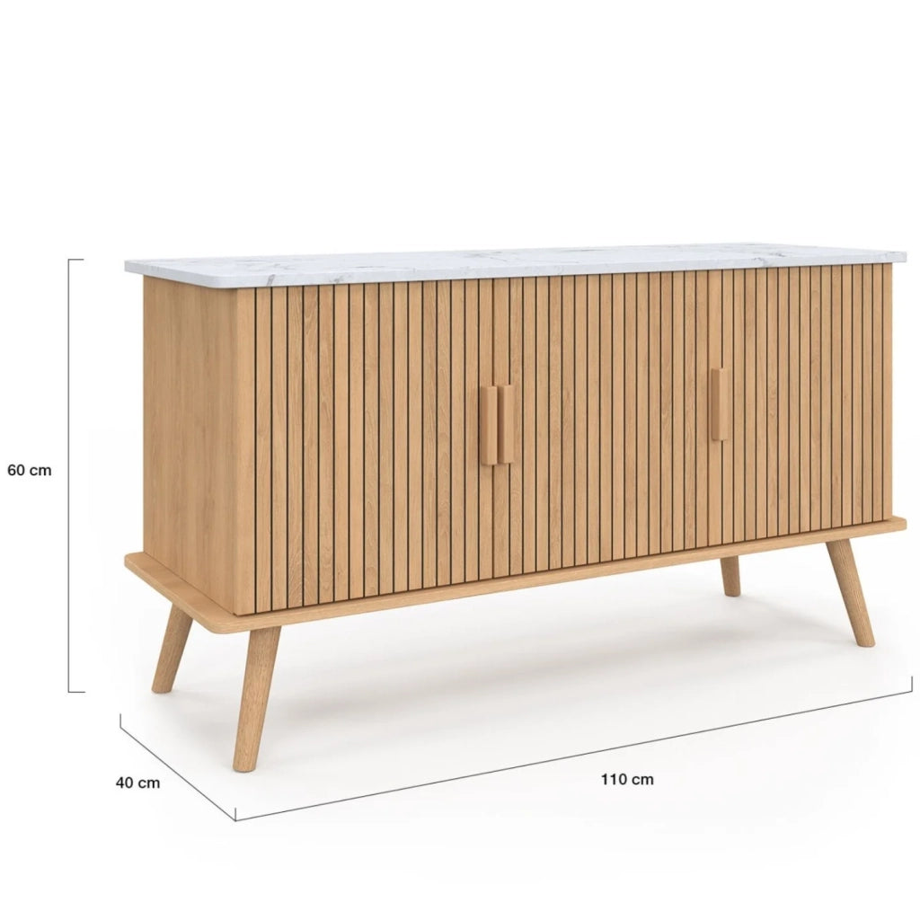 IDMarket - Credenza JULIETTE 110 cm, piano effetto marmo, 3 ante a doghe, doghe in legno color rovere