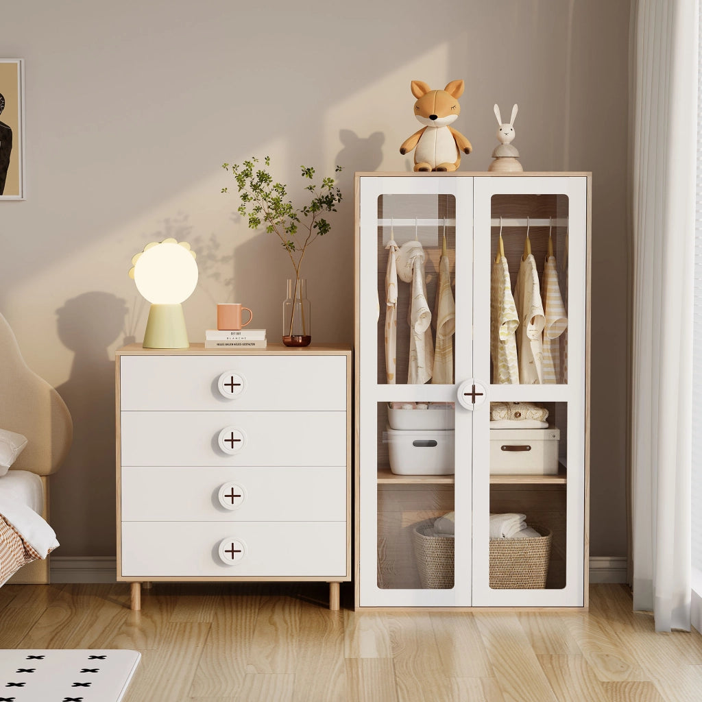 Comò con 4 cassetti e design a contrasto, per camera da letto e soggiorno, in MDF, bianco naturale, 80 × 54 × 90 cm