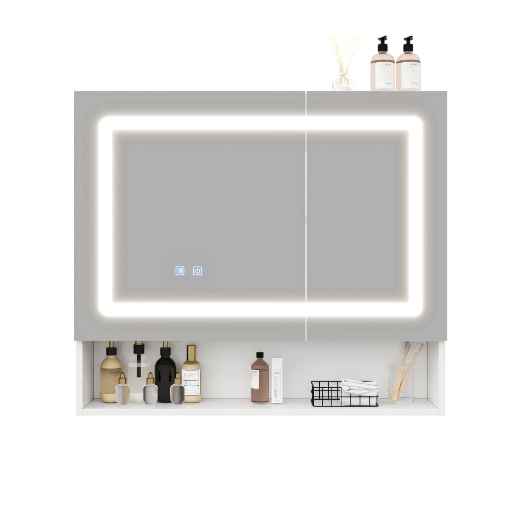 Specchio contenitore bagno 80x17x70 cm, 2 ante, LED dimmerabile e antiappannamento, MDF bianco