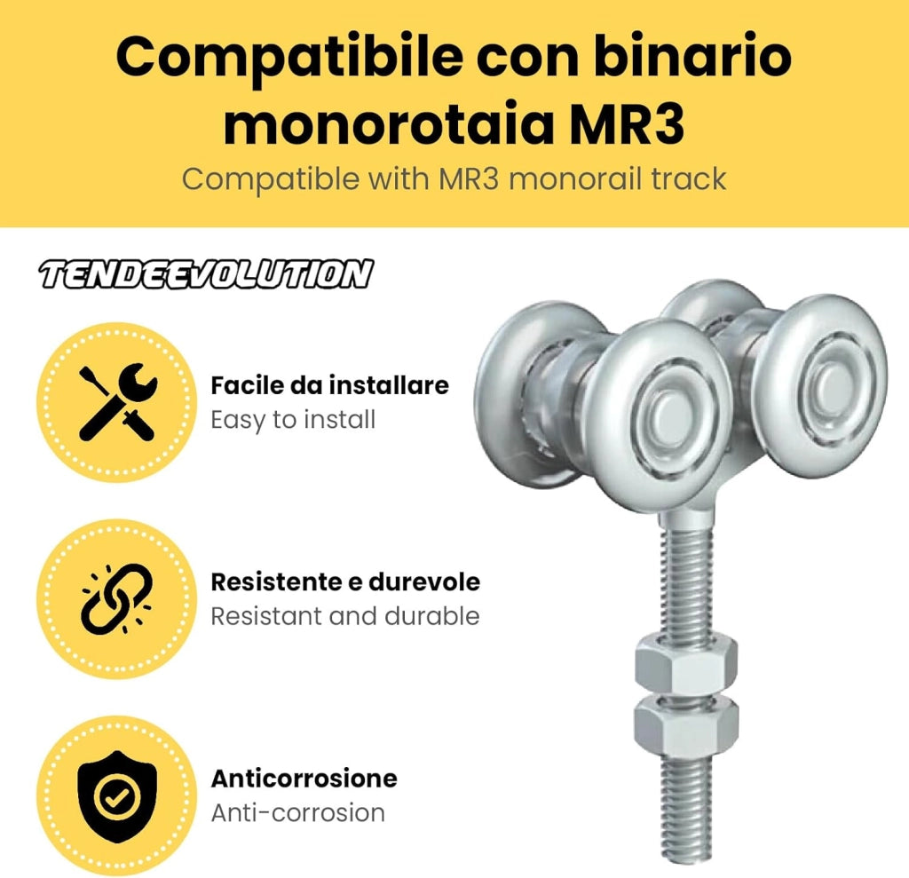 Carrello Regolabile a 4 Cuscinetti M8 in Acciaio Zincato per Binario Monorotaia MR3 - Ruote Ø24mm - Corona di Sfere Completa - Robusto & Affidabile