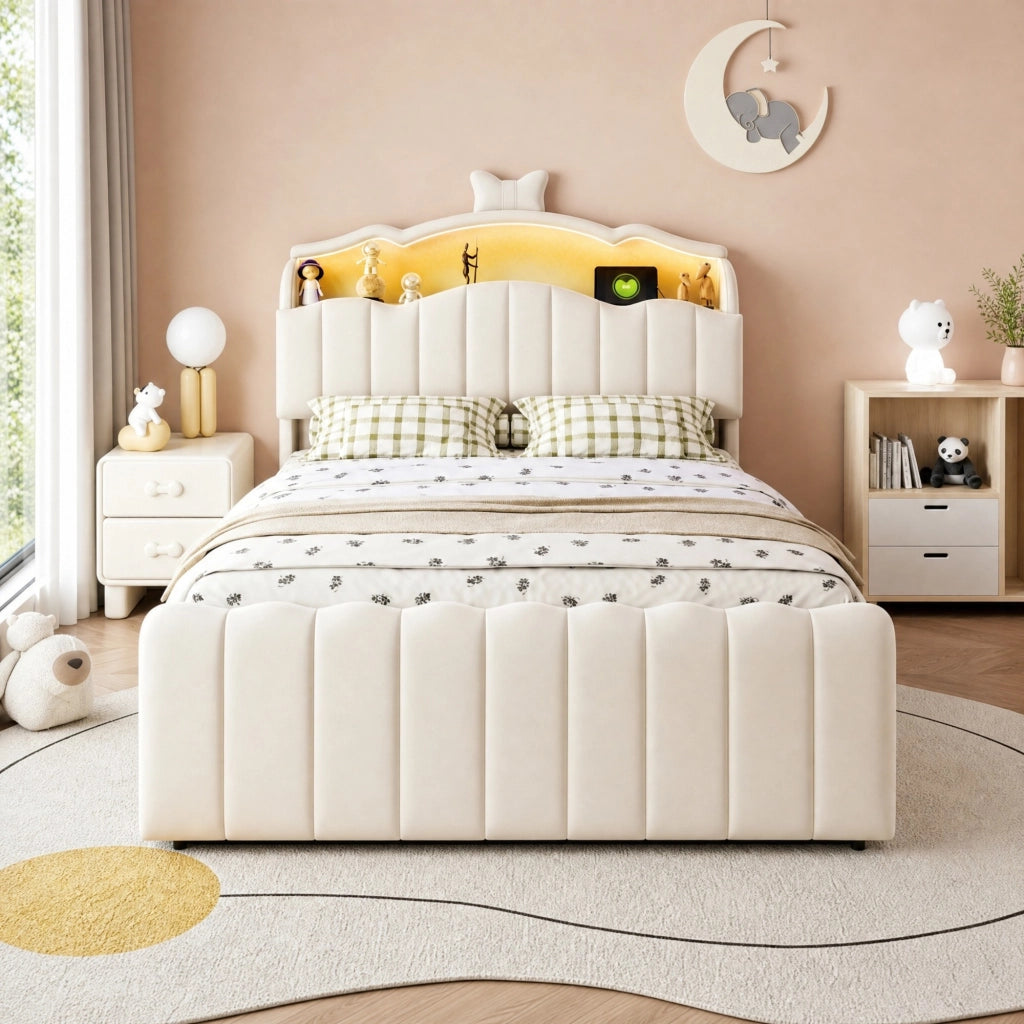 LETTO 140x200 cm imbottito in velluto beige con LED, USB, USB-C e vano contenitore