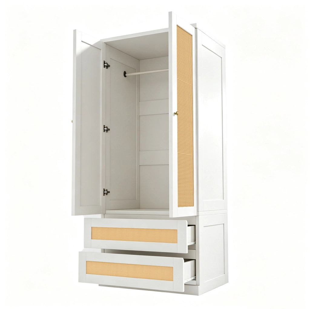 Armadio a 2 ante con 2 cassetti e finitura effetto rattan