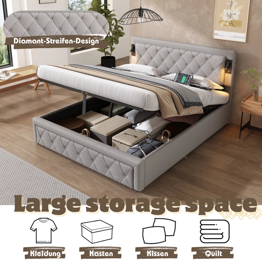 Letto contenitore 160 × 200 cm con LED; USB e rete a doghe; lino grigio