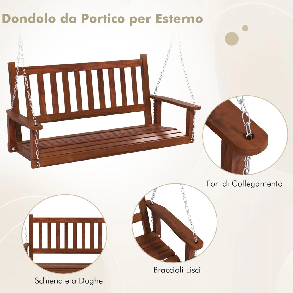 Altalena da Giardino in Legno per 2 Persone, Panchina Sospese in Legno con Capacità di Peso di 230 kg, Sedia a Dondolo per Giardino, Cortile (Marrone, 136 x 67 x 63 cm)