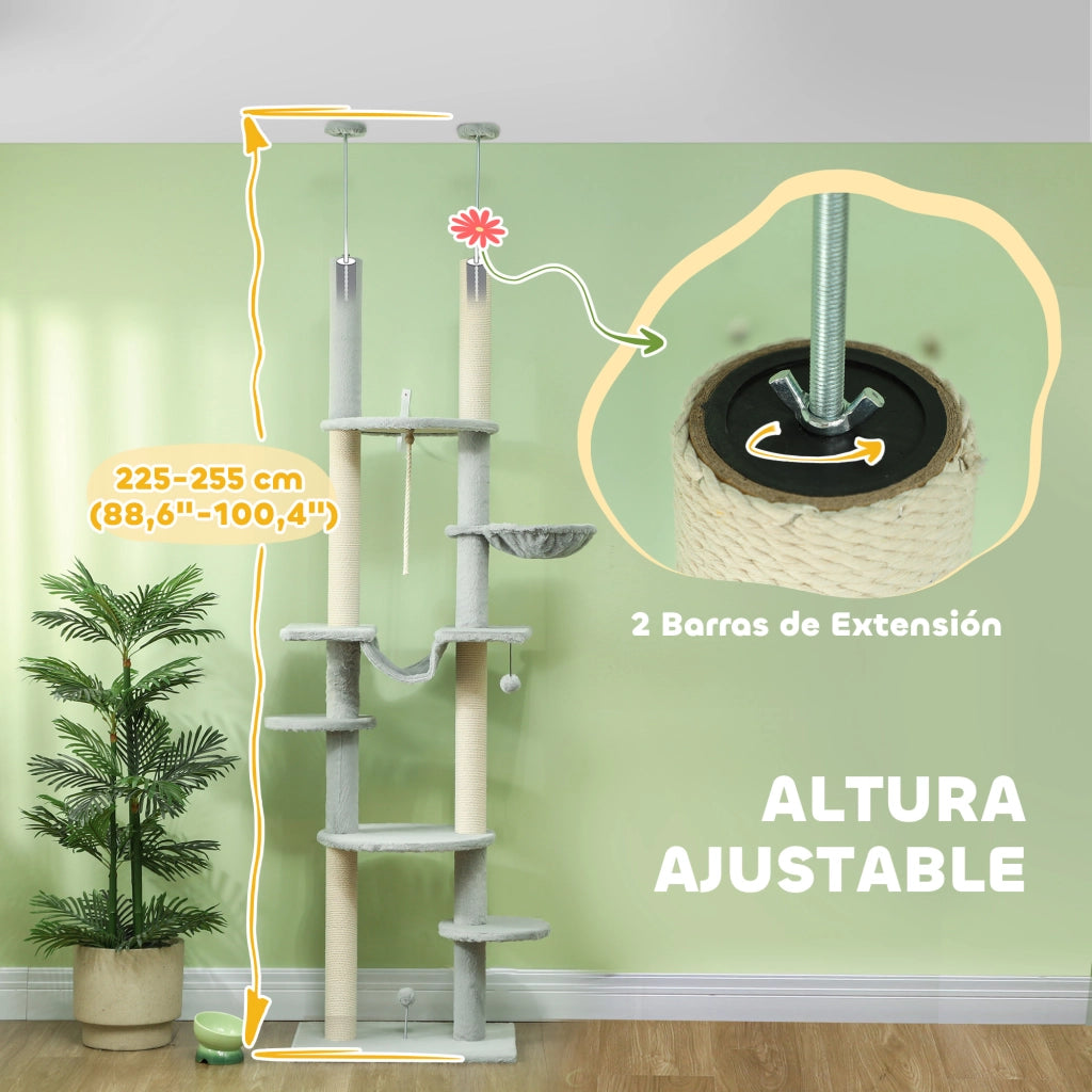 Tiragraffi per Gatti da Pavimento a Soffitto ¨C Xylo ¨C 225-255 cm Grigio con Amache Piattaforme