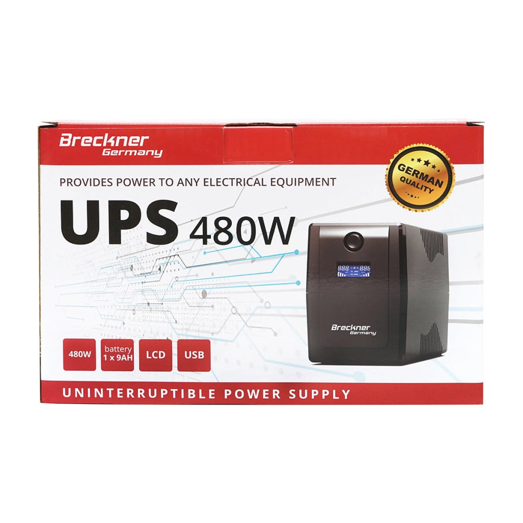 UPS 800VA / 480W con batteria 9Ah, 2 prese Schuko, LCD, USB, AVR Breckner Germany