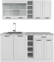Cucina completa R-Line, Casa di campagna bianca/bianco, 160 cm, PL Marmo, con disposizione flessibile dei moduli ed espandibile