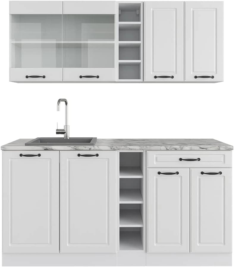 Cucina completa R-Line, Casa di campagna bianca/bianco, 160 cm, PL Marmo, con disposizione flessibile dei moduli ed espandibile