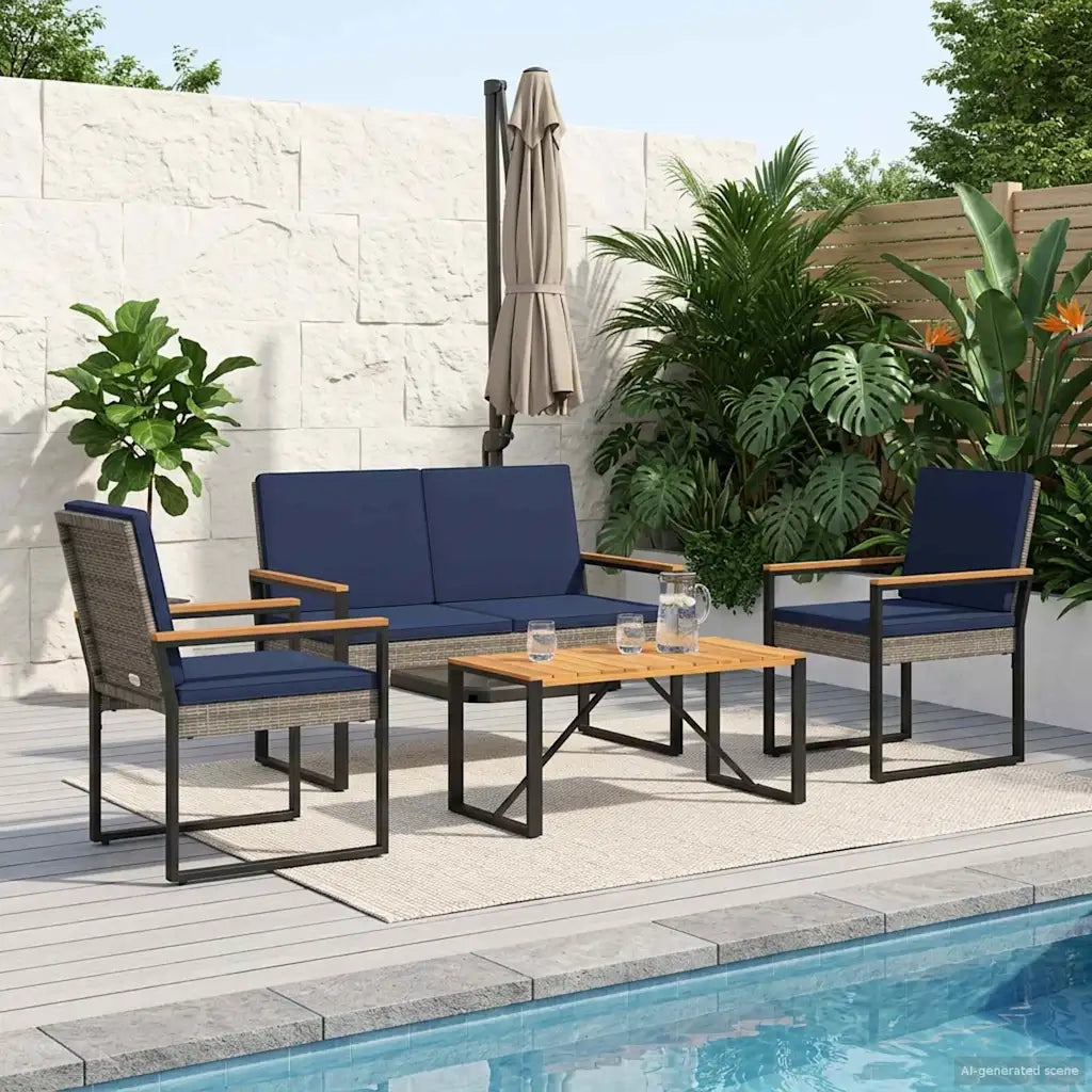 Set Mobili da Esterno 4 pcs Grigio e Blu Navy polyrattan