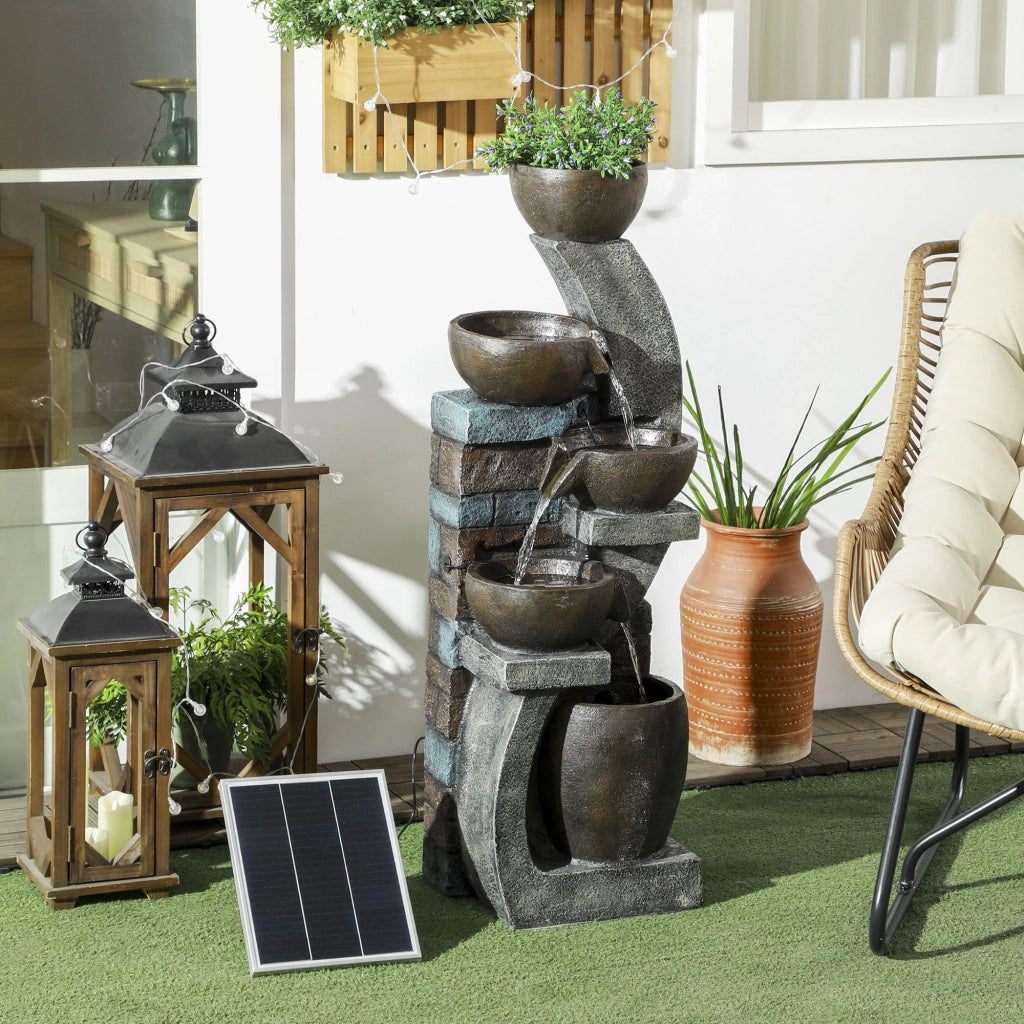 Fontana da Giardino 5 Livelli con Luce LED e Pannello Solare ¨C Zephmum ¨C Resina Grigio e Marrone