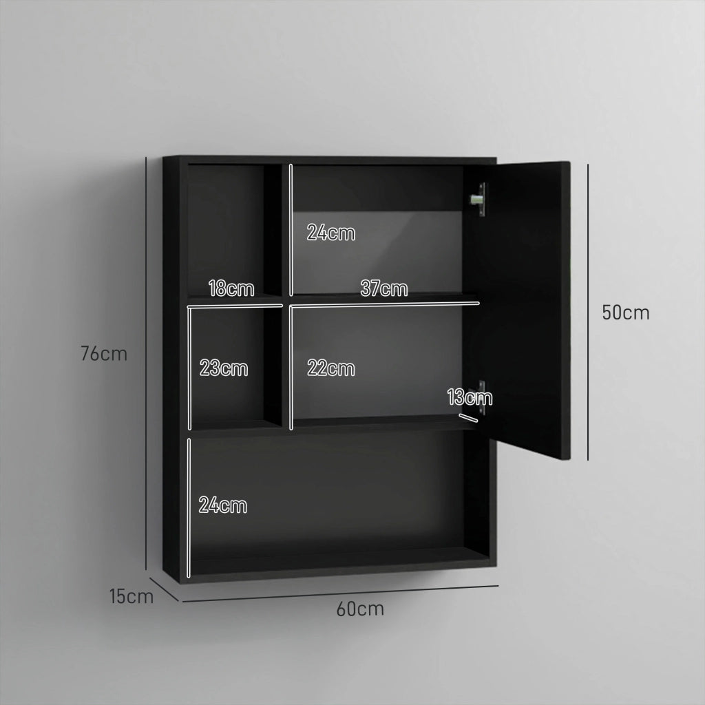 Armadietto Bagno con Specchio e Ripiani Regolabili - Minimal - Nero 60x15x76 cm