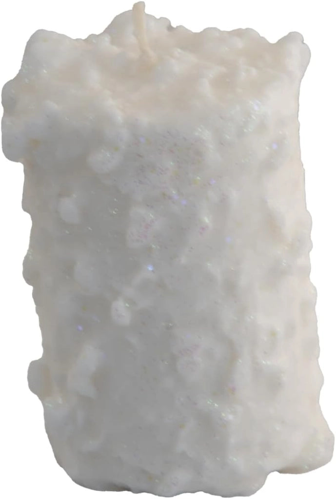Set 2 Candele Decorative Moccolo Effetto Neve Bianco – 7 x 7 x 10 cm – Decorazioni Natalizie Eleganti