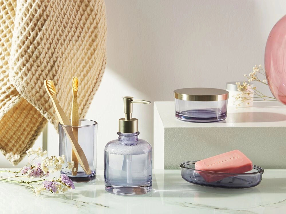 Set di accessori da bagno in 4 pezzi Dispenser di sapone in vetro viola Glam Portasapone Portaspazzolino Tazza