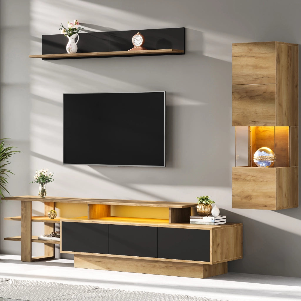 Mobile TV Parete Soggiorno Set 3pz con LED ¨C MINIMAL ¨C Nero e Legno Naturale