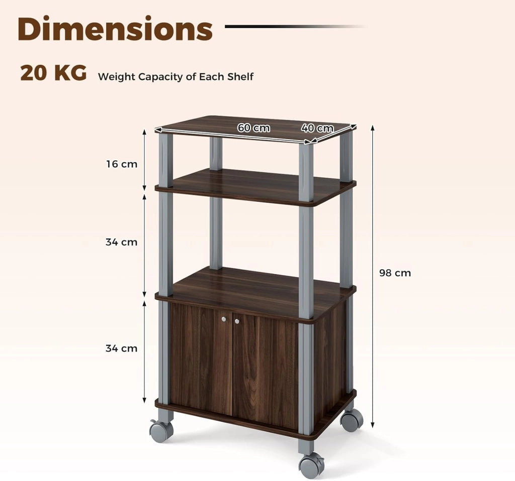 Carrello da Cucina a 3 Livelli per Microonde, Carrello Portaoggetti con Ruote e Armadio con Porta, Carrello di Servizio in Legno, Organizer per Sala da Pranzo, 60 x 40 x 98 cm (Marrone)