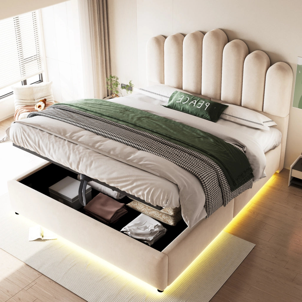 Letto imbottito 140x200 cm con contenitore idraulico, testiera imbottita, LED e rete a doghe, in velluto beige