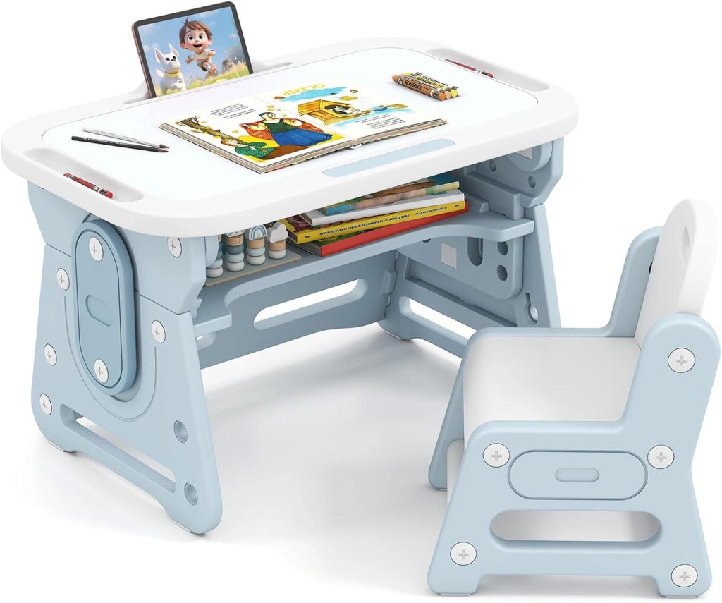 Set Tavolo e Sedia per Bambini 3+ Anni, Tavolo Regolabile in Altezza con Lavagna Inclinabile, Sedia Ergonomica, Supporto per Libri e Ripiano Concavo, per Disegnare e Leggere (Blu)