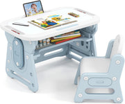 Set Tavolo e Sedia per Bambini 3+ Anni, Tavolo Regolabile in Altezza con Lavagna Inclinabile, Sedia Ergonomica, Supporto per Libri e Ripiano Concavo, per Disegnare e Leggere (Blu)