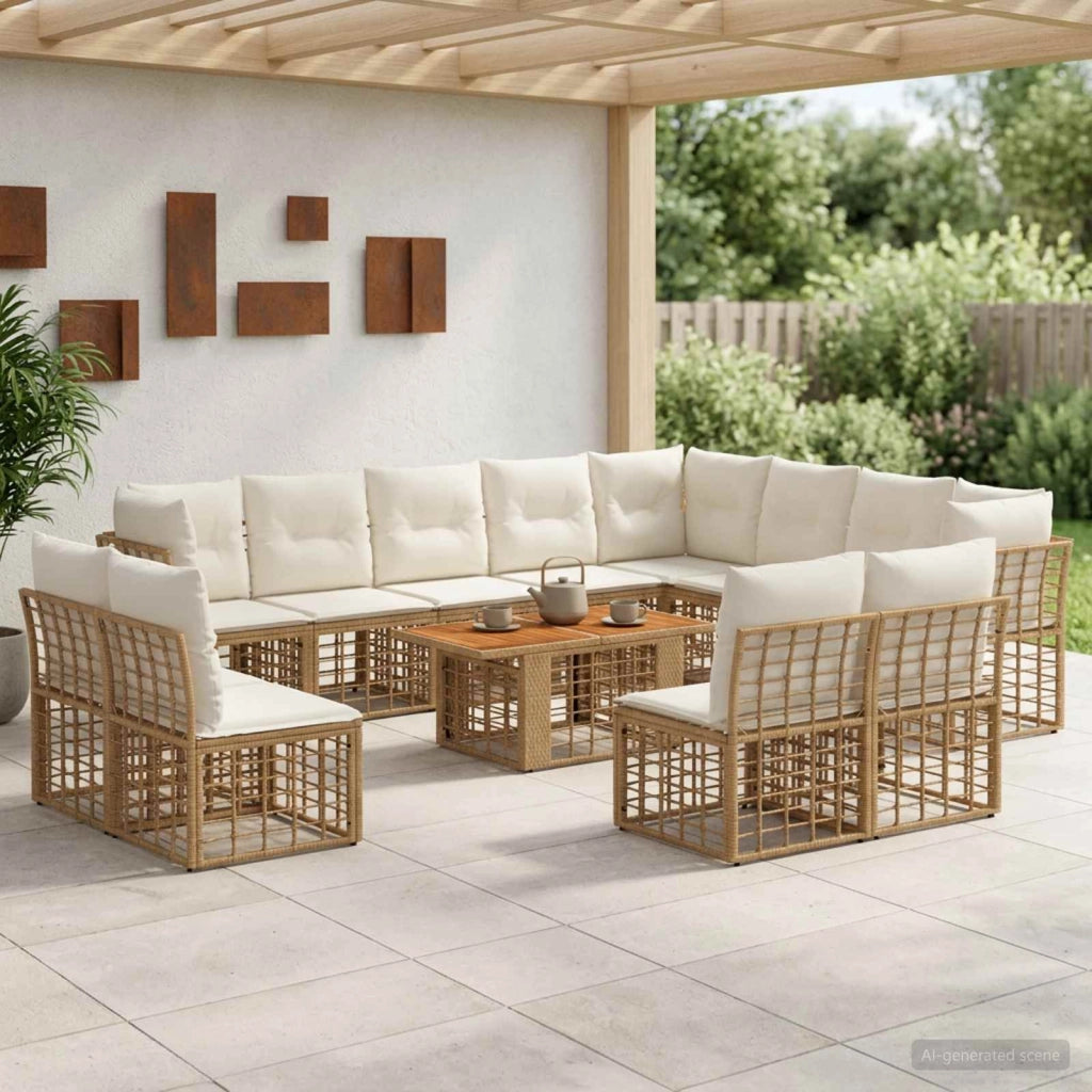 Set Divano da Giardino 13 pz Naturale e Bianco Crema polyrattan 3437926