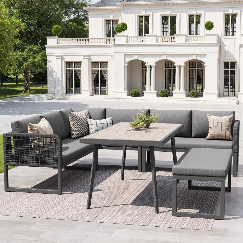 OKWISH Set da giardino da 5 pezzi con 3 divani a 2 posti, 1 panca e 1 tavolo, in rattan PE, Grigio
