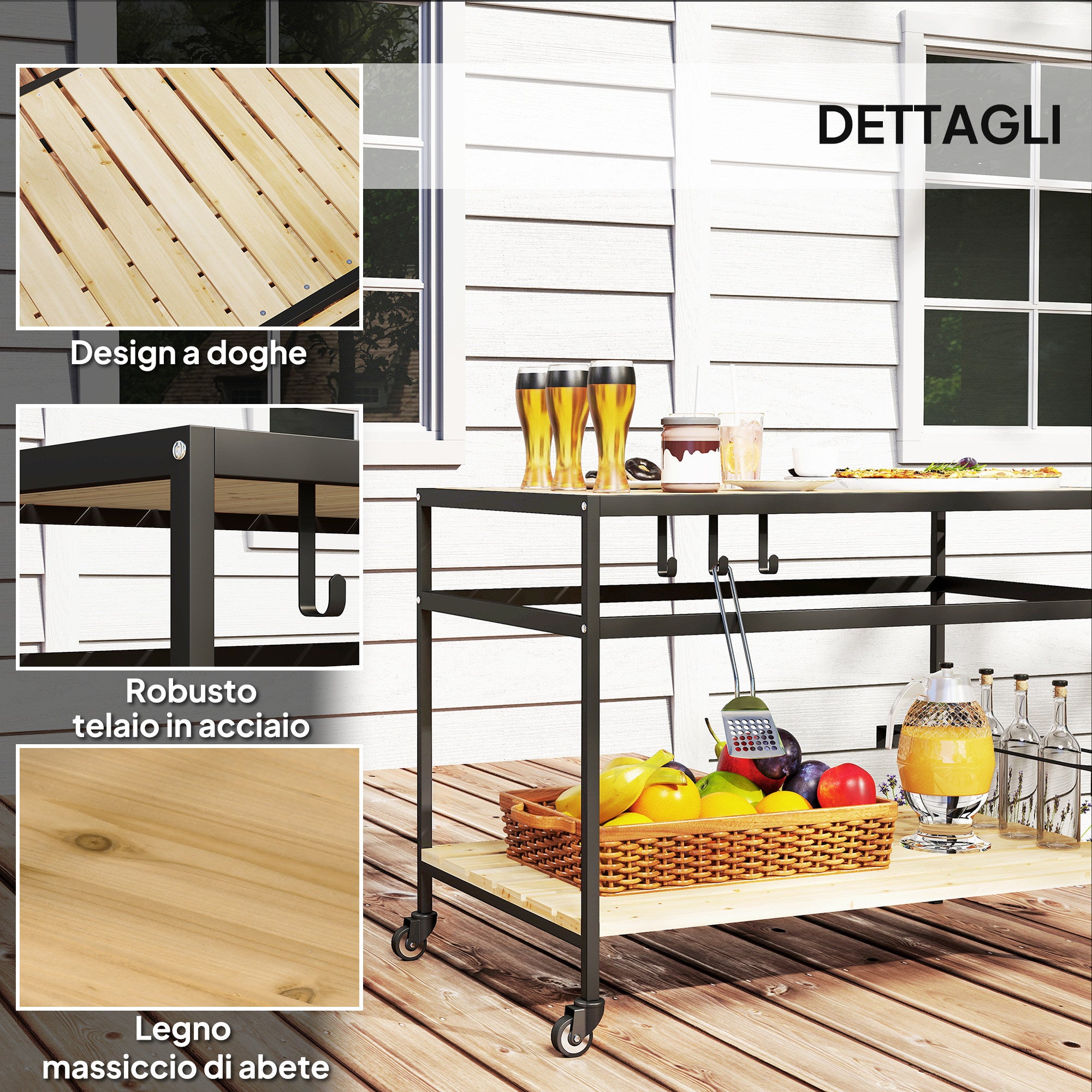 Carrello Portavivande da Giardino 107x65x80 cm Ripiano e Maniglia in Legno a Doghe e Acciaio