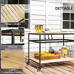 Carrello Portavivande da Giardino 107x65x80 cm Ripiano e Maniglia in Legno a Doghe e Acciaio