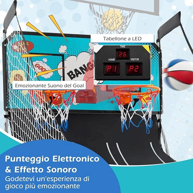 Macchina da Pallacanestro Elettronica, Canestro Basket da Camera a Doppio Tiro Pieghevole con Punteggio Elettronico, 4 Palle, 8 Modalità di Gioco e 2 Canestri (Verde)