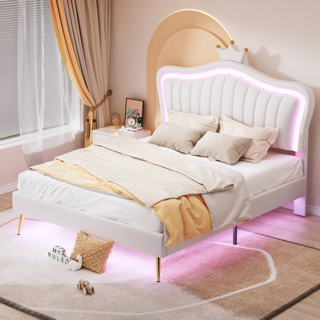 Letto per bambini imbottito 140x200 cm con LED; testiera a conchiglia con corona; bianco