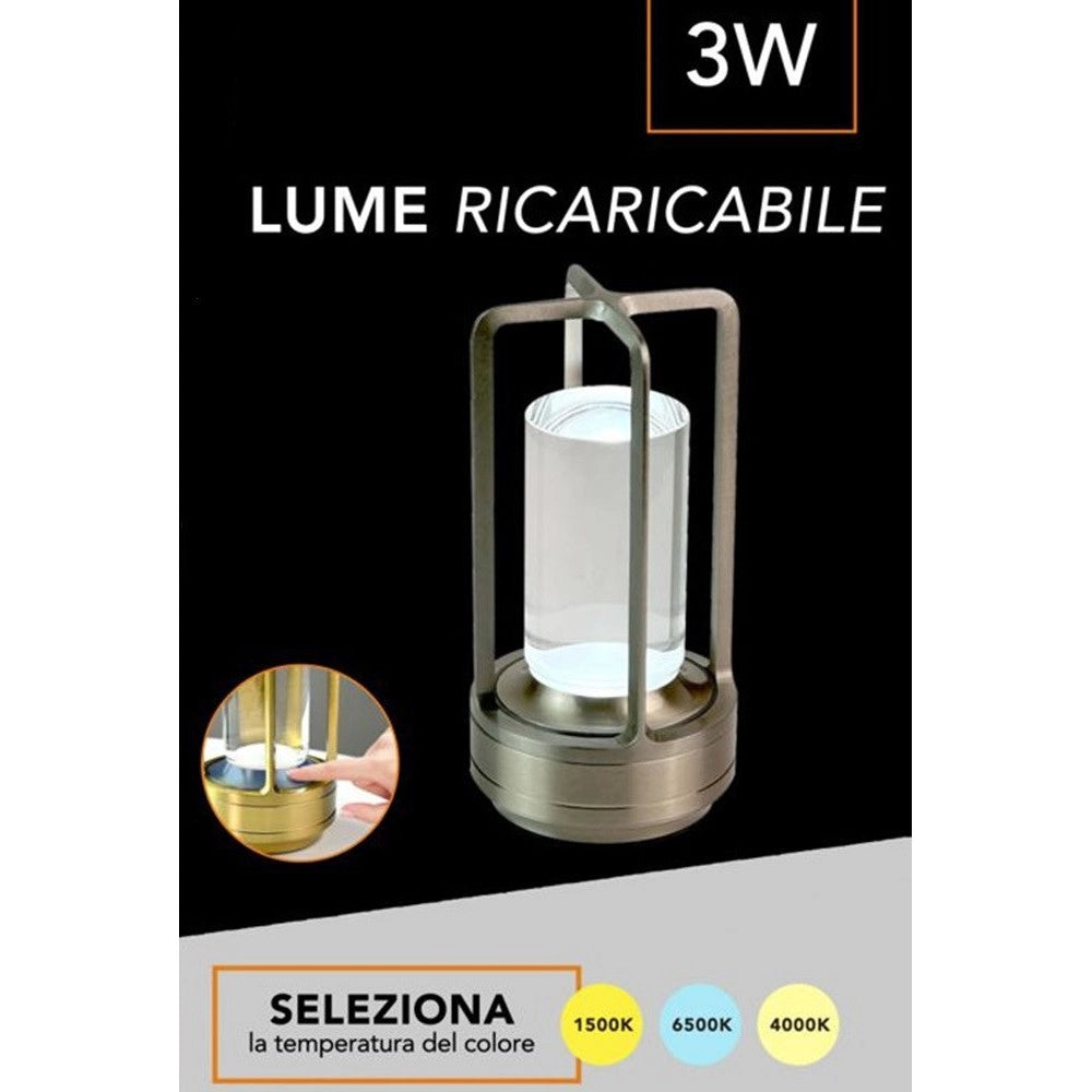 Trade Shop - Lampada A Led Da Tavolo 3 Watt Lanterna Lume Ricaricabile Touch Dimmerabile Cct D37-3c - Argento