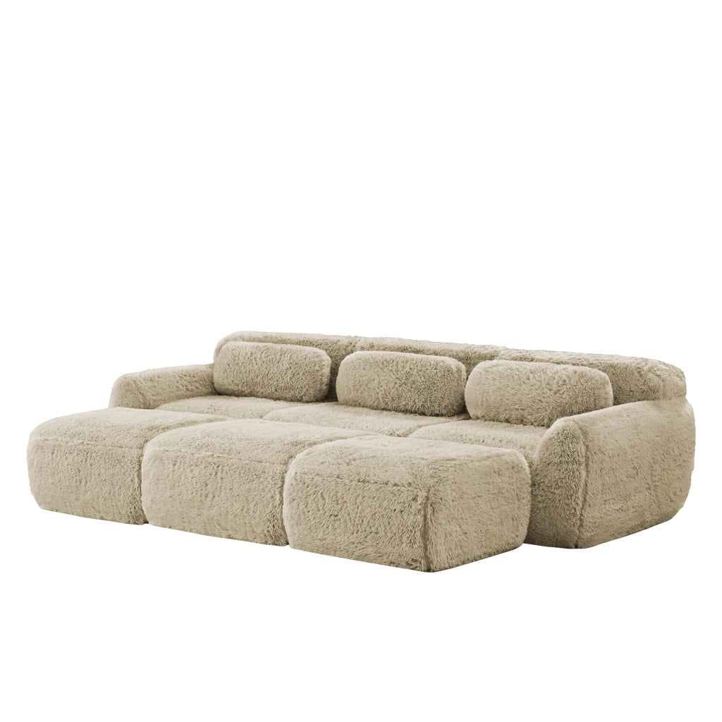 Divano Modulare 3 Posti con 3 Pouf Base Antiscivolo Configurazione a U o L in Peluche Cachi Chiaro