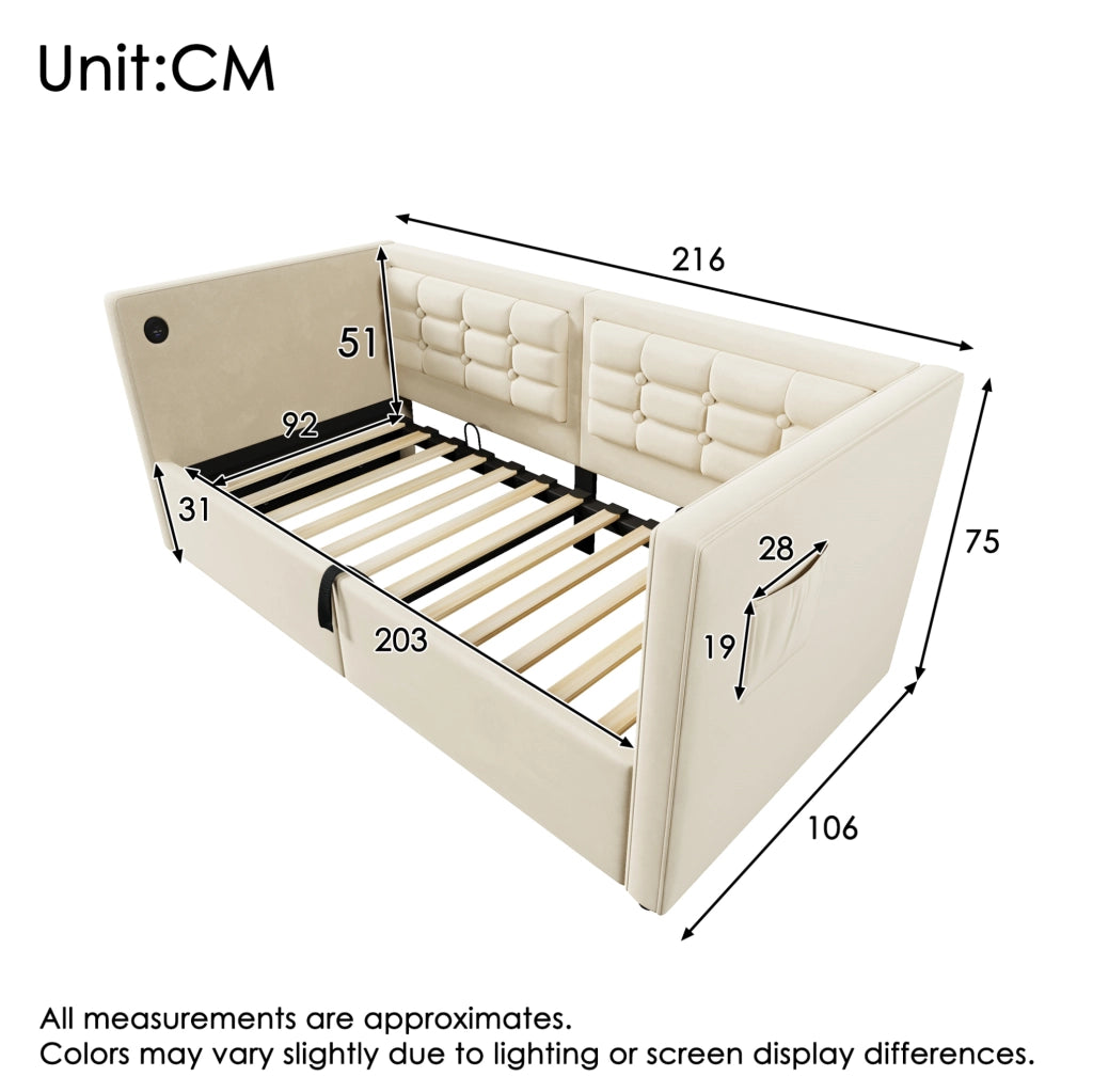Letto imbottito 90x200 cm con contenitore idraulico; USB e Type-C; velluto beige