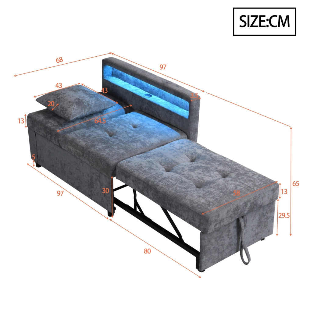Divano letto 3 in 1 con schienale reclinabile; 177x68x65 cm; in lino grigio chiaro